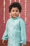Cute Couture_Blue Muslin, Silk Embroidery Stand Collar Kurta And Pant Set _Online_at_Aza_Fashions