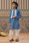 Cute Couture_Blue Muslin, Silk, Cotton Mirrors Bandej Print Kurta And Balloon Pant Set _Online_at_Aza_Fashions