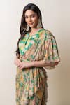 Buy_SutrabySweta_Green Chiffon Printed Paisley V Neck Pre-draped Saree With Blouse _Online_at_Aza_Fashions