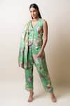 Buy_SutrabySweta_Green Habutai Silk Printed Floral Blazer  Lapel Collar Pant Set  _Online_at_Aza_Fashions