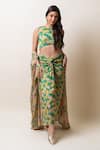 Buy_SutrabySweta_Green Chiffon Printed Paisley Round Cape Skirt Set  _at_Aza_Fashions