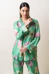 Shop_SutrabySweta_Green Dola Silk Printed Floral Collared Neck Shirt And Pant Set _Online_at_Aza_Fashions