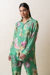 SutrabySweta_Green Dola Silk Printed Floral Collared Neck Shirt And Pant Set _at_Aza_Fashions