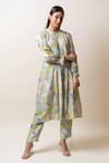 SutrabySweta_Blue Dola Silk Printed Floral Round Collar Kurta And Pant Set _Online_at_Aza_Fashions