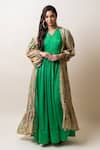 Buy_SutrabySweta_Green Dola Silk Printed Paisley Gown V Neck Solid Flared And Cape Set _at_Aza_Fashions