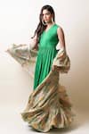 Shop_SutrabySweta_Green Dola Silk Printed Paisley Gown V Neck And Cape Set _at_Aza_Fashions