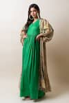 Shop_SutrabySweta_Green Dola Silk Printed Paisley Gown V Neck And Cape Set _Online_at_Aza_Fashions