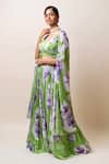 Shop_SutrabySweta_Green Chiffon Printed Floral Blouse And Cape Square Neck Lehenga Set _at_Aza_Fashions