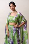 Buy_SutrabySweta_Green Chiffon Printed Floral Blouse And Cape Square Neck Lehenga Set _Online_at_Aza_Fashions