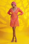 Buy_JYOTI SACHDEV IYER_Orange Cotton Satin Printed Abstract V Neck Short Dress _at_Aza_Fashions