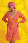 JYOTI SACHDEV IYER_Orange Cotton Satin Printed Abstract V Neck Short Dress _Online_at_Aza_Fashions