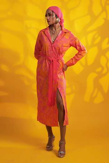 Shop_Jyoti Sachdev Iyer_Orange Cotton Satin Bows Collared Abstract Print Shirt Dress With Belt _at_Aza_Fashions