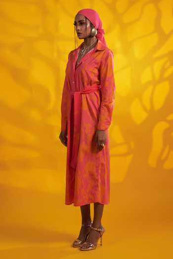 Jyoti Sachdev Iyer_Orange Cotton Satin Bows Collared Abstract Print Shirt Dress With Belt _Online_at_Aza_Fashions