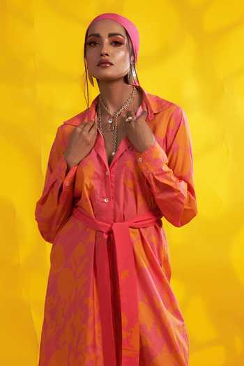 Buy_Jyoti Sachdev Iyer_Orange Cotton Satin Bows Collared Abstract Print Shirt Dress With Belt _Online_at_Aza_Fashions