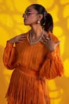 Jyoti Sachdev Iyer_Orange Cotton, Silk Fringe, Tassels Collared Geometric Print Top With Trouser _Online_at_Aza_Fashions