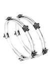 Shop_Noor_Silver Plated Embroidery Floral Motif Bangles - Set Of 2_at_Aza_Fashions