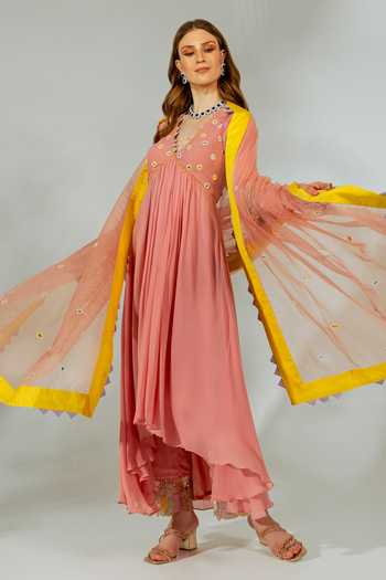 Buy_Neha Khullar_Pink Georgette, Organza, Crepe Mirrors, Embroidery, Cut Mirrorwork Anarkali Set _at_Aza_Fashions