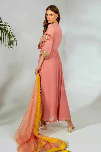 Neha Khullar_Pink Georgette, Organza, Crepe Mirrors, Embroidery, Cut Mirrorwork Anarkali Set _Online_at_Aza_Fashions