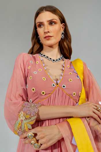 Buy_Neha Khullar_Pink Georgette, Organza, Crepe Mirrors, Embroidery, Cut Mirrorwork Anarkali Set _Online_at_Aza_Fashions