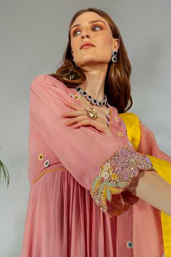 Shop_Neha Khullar_Pink Georgette, Organza, Crepe Mirrors, Embroidery, Cut Mirrorwork Anarkali Set _at_Aza_Fashions