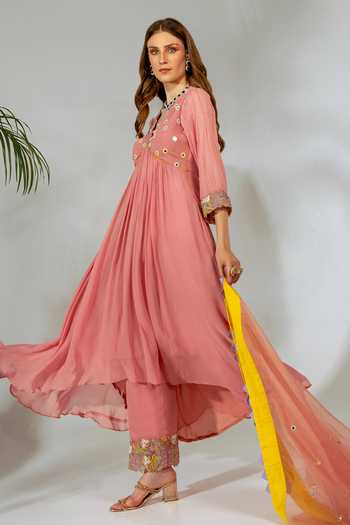 Neha Khullar_Pink Georgette, Organza, Crepe Mirrors, Embroidery, Cut Mirrorwork Anarkali Set _at_Aza_Fashions