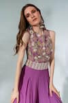 Neha Khullar_Purple Georgette Embroidered Floral Round Cutdana Embellished Bodice Jumpsuit _Online_at_Aza_Fashions