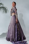 Neha Khullar_Purple Tissue Silk Embroidered Floral V Neck Mirrorwork Blouse Lehenga Set _Online_at_Aza_Fashions