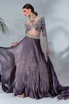 Buy_Neha Khullar_Purple Tissue Silk Embroidered Floral V Neck Mirrorwork Blouse Lehenga Set _Online_at_Aza_Fashions