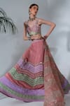 Neha Khullar_Pink Georgette Embroidered Floral V Neck Gota Work Panelled Lehenga Set _at_Aza_Fashions