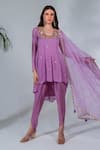 Buy_Neha Khullar_Purple Georgette, Organza, Panelled Mirrorwork Short Anarkali Tulip Pant Set _at_Aza_Fashions