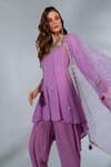 Shop_Neha Khullar_Purple Georgette, Organza, Panelled Mirrorwork Short Anarkali Tulip Pant Set _Online_at_Aza_Fashions