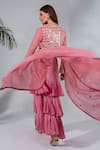 Shop_Neha Khullar_Pink Georgette Mirrors, Embroidery V-, Open Jacket And Gharara Set _at_Aza_Fashions