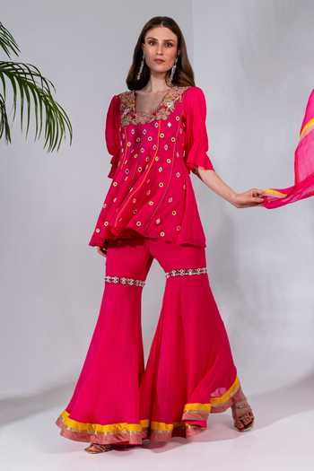 Buy_Neha Khullar_Fuchsia Georgette, Organza Mirrors, Sequins, Embroidery, Kurta And Gharara Set _at_Aza_Fashions