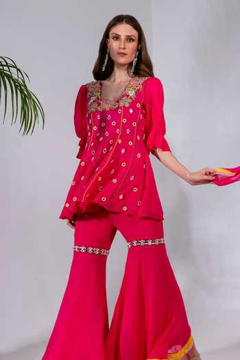 Buy_Neha Khullar_Fuchsia Georgette, Organza Mirrors, Sequins, Embroidery, Kurta And Gharara Set _Online_at_Aza_Fashions