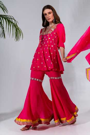 Shop_Neha Khullar_Fuchsia Georgette, Organza Mirrors, Sequins, Embroidery, Kurta And Gharara Set _Online_at_Aza_Fashions