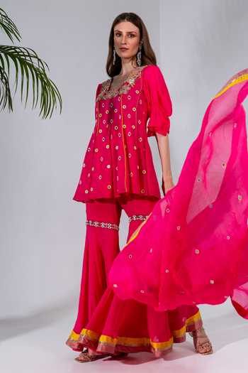 Neha Khullar_Fuchsia Georgette, Organza Mirrors, Sequins, Embroidery, Kurta And Gharara Set _at_Aza_Fashions
