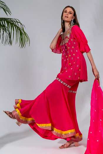 Buy_Neha Khullar_Fuchsia Georgette, Organza Mirrors, Sequins, Embroidery, Kurta And Gharara Set 
