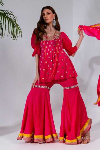 Shop_Neha Khullar_Fuchsia Georgette, Organza Mirrors, Sequins, Embroidery, Kurta And Gharara Set _at_Aza_Fashions