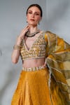 Shop_Neha Khullar_Yellow Tissue Silk Embroidered Mirror V Neck Embellished Lehenga Set _at_Aza_Fashions