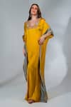 Buy_Neha Khullar_Yellow Modal, Satin Embroidery Round Neck Floral Embeoidered Kaftan _at_Aza_Fashions