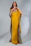 Buy_Neha Khullar_Yellow Modal, Satin Embroidery Round Neck Floral Embeoidered Kaftan _Online_at_Aza_Fashions