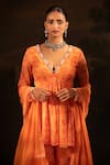 Shop_Neha Khullar_Orange Georgette Printed Floral Plunge V Neck Kurta Gharara Set  _at_Aza_Fashions