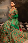 Neha Khullar_Green Georgette Printed Floral Leaf Neck Garden Lehenga Set _at_Aza_Fashions