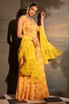 Shop_Neha Khullar_Yellow Georgette Printed Floral V Neck Kurta Sharara Set _Online_at_Aza_Fashions