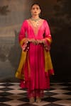 Buy_Neha Khullar_Fuchsia Chanderi Silk Embroidery Floral Applique V Neck Neckline Anarkali Set _at_Aza_Fashions