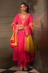 Neha Khullar_Fuchsia Chanderi Silk Embroidery Floral Applique V Neck Neckline Anarkali Set _at_Aza_Fashions