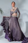 Neha Khullar_Purple Tissue Silk Embroidered Floral V Neck Mirrorwork Blouse Lehenga Set _at_Aza_Fashions