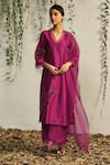 Buy_Charkhee_Pink Chanderi, Cotton Satin, Organza Cut Work, Embroidery Leaf Kurta Pant Set _at_Aza_Fashions