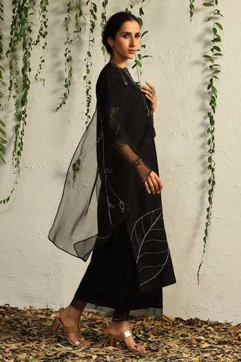 Shop_Charkhee_Black Chanderi, Cotton Satin, Organza Cut Work, Embroidery Leaf Kurta Pant Set _Online_at_Aza_Fashions