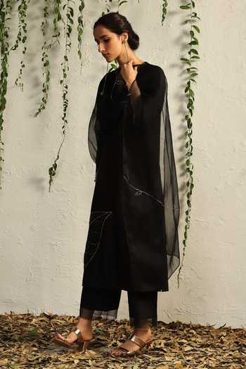 Charkhee_Black Chanderi, Cotton Satin, Organza Cut Work, Embroidery Leaf Kurta Pant Set _at_Aza_Fashions